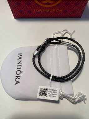 Pandora Black Braided Leather Wrap Bracelet with Silver Accents NWT